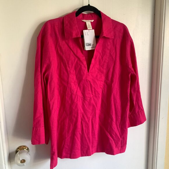 NWT H&M PINK LINEN POPOVER SHIRT - SIZE S - Picture 2 of 11